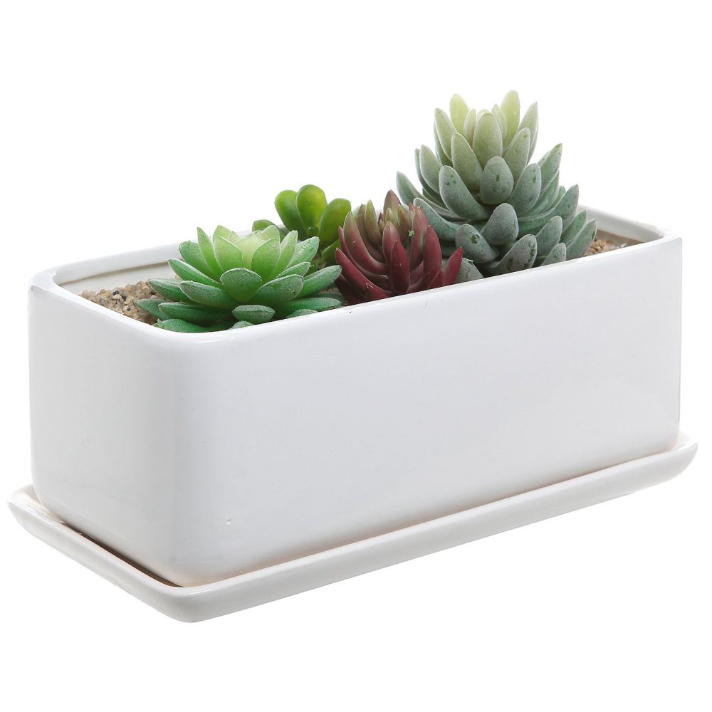 10 inch Rectangular Modern Minimalist White Ceramic Succulent Planter Pot / Window Box with Saucer
