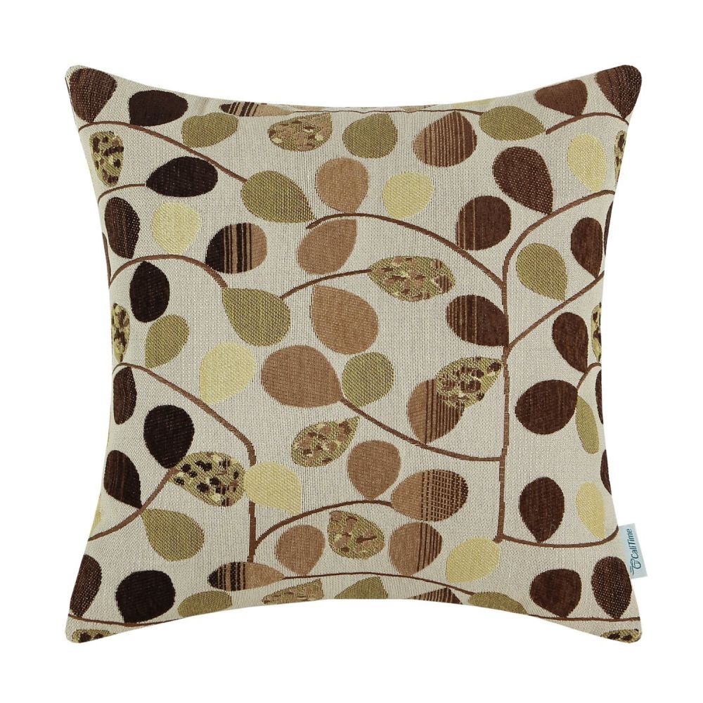 CaliTime Throw Pillow Cover 18 X 18 Inches, Luxury Chenille Cute Leaves, Reversible, Ecru Brown