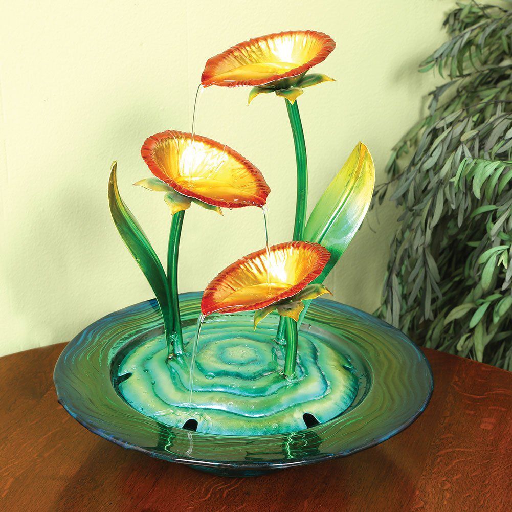 Decorative Glass And Metal Poppies Indoor Water Fountain