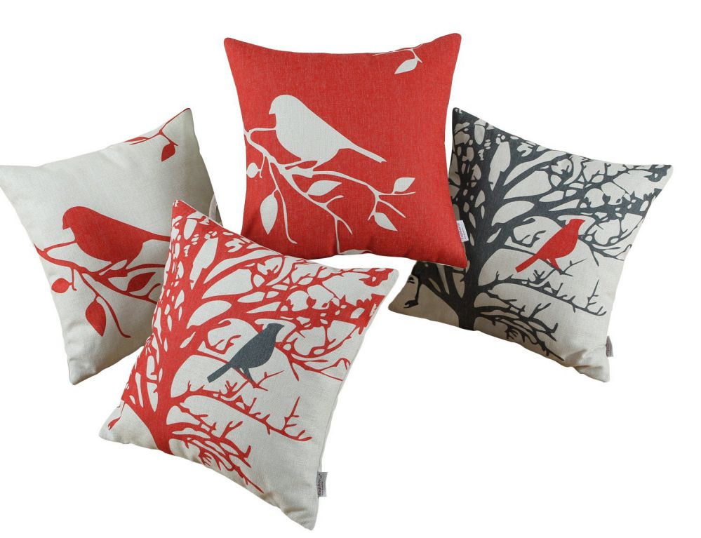 Euphoria CaliTime Throw Pillows Covers Vintage Birds Branches, 18 X 18 Inches, Black Red, Set of 4