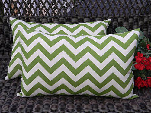 Set of 2 Indoor / Outdoor Decorative Lumbar / Rectangle Pillows - Green and Ivory Chevron / Zig Zag