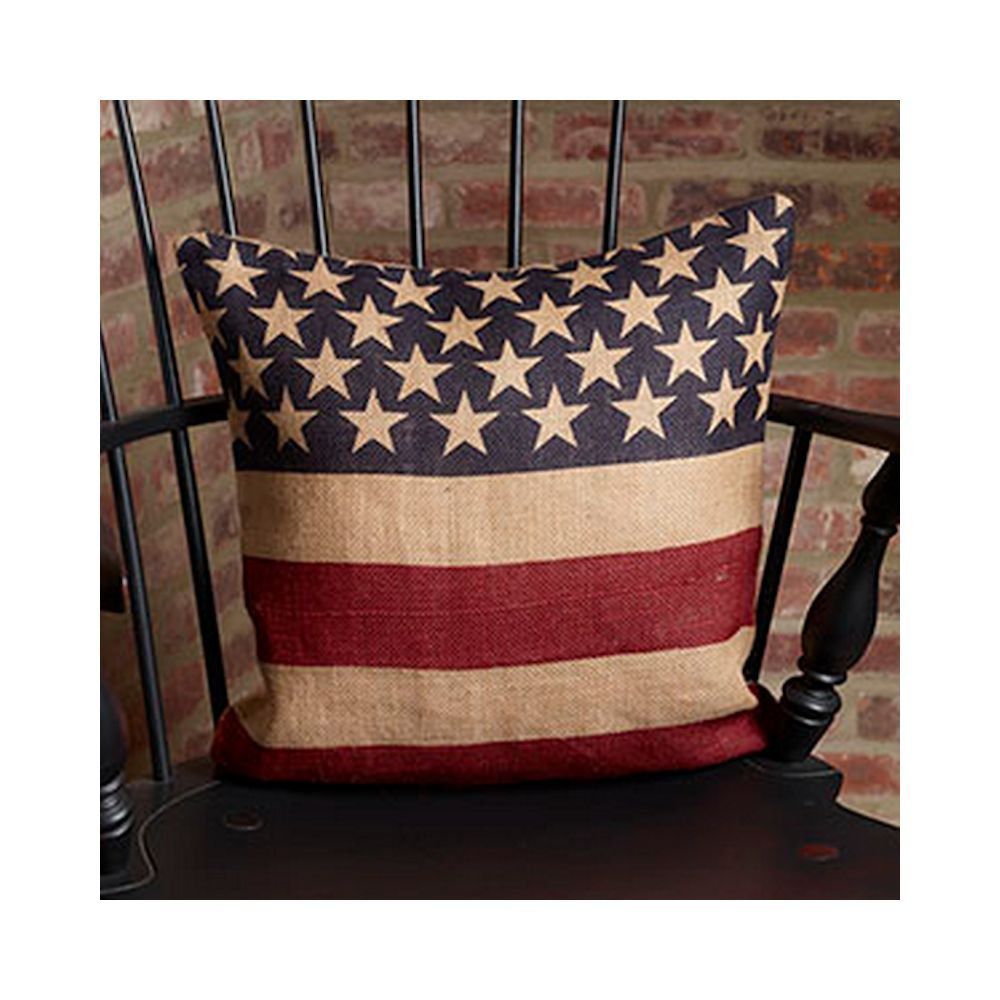 Vintage American Flag Burlap Throw Pillow - 16-in