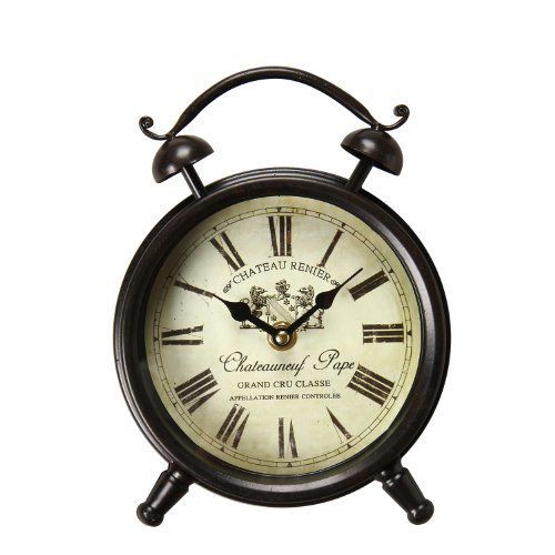 Adeco Vintage-Inspired Brown Iron Clock Wall Hanging or Table Clock, Roman Numerals "Chateauneuf Pape" Home Decor, off white, black