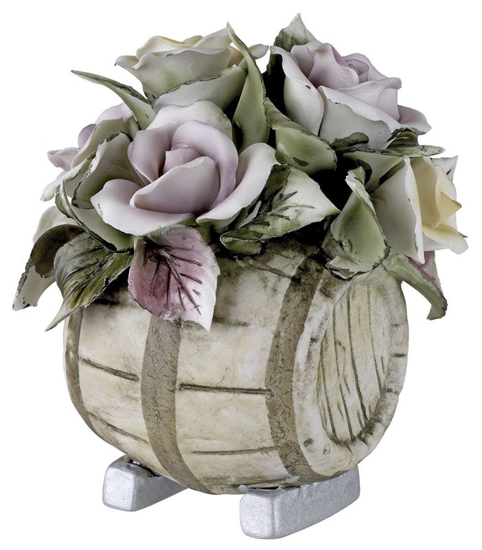 Capodimonte Porcelain Figurine Flower Bouquet on Wine Barrel with Colorful Roses