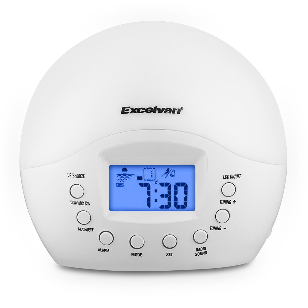 Excelvan Wake-Up Light Round with Sunrise Simulation Alarm Clock Natural Sound and FM Radio, White