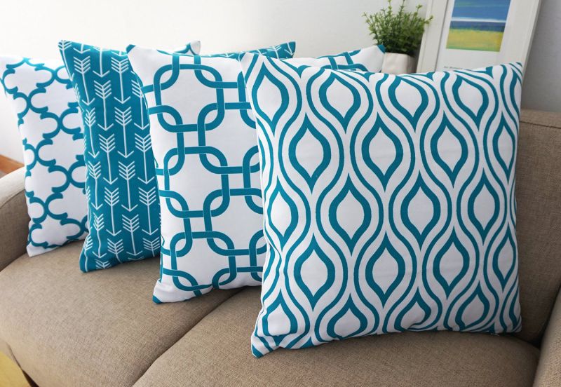 Howarmer Canvas Cotton Throw Pillows Cover for Couch Set of 4 Teal Accent Pattern 18 X 18-inch