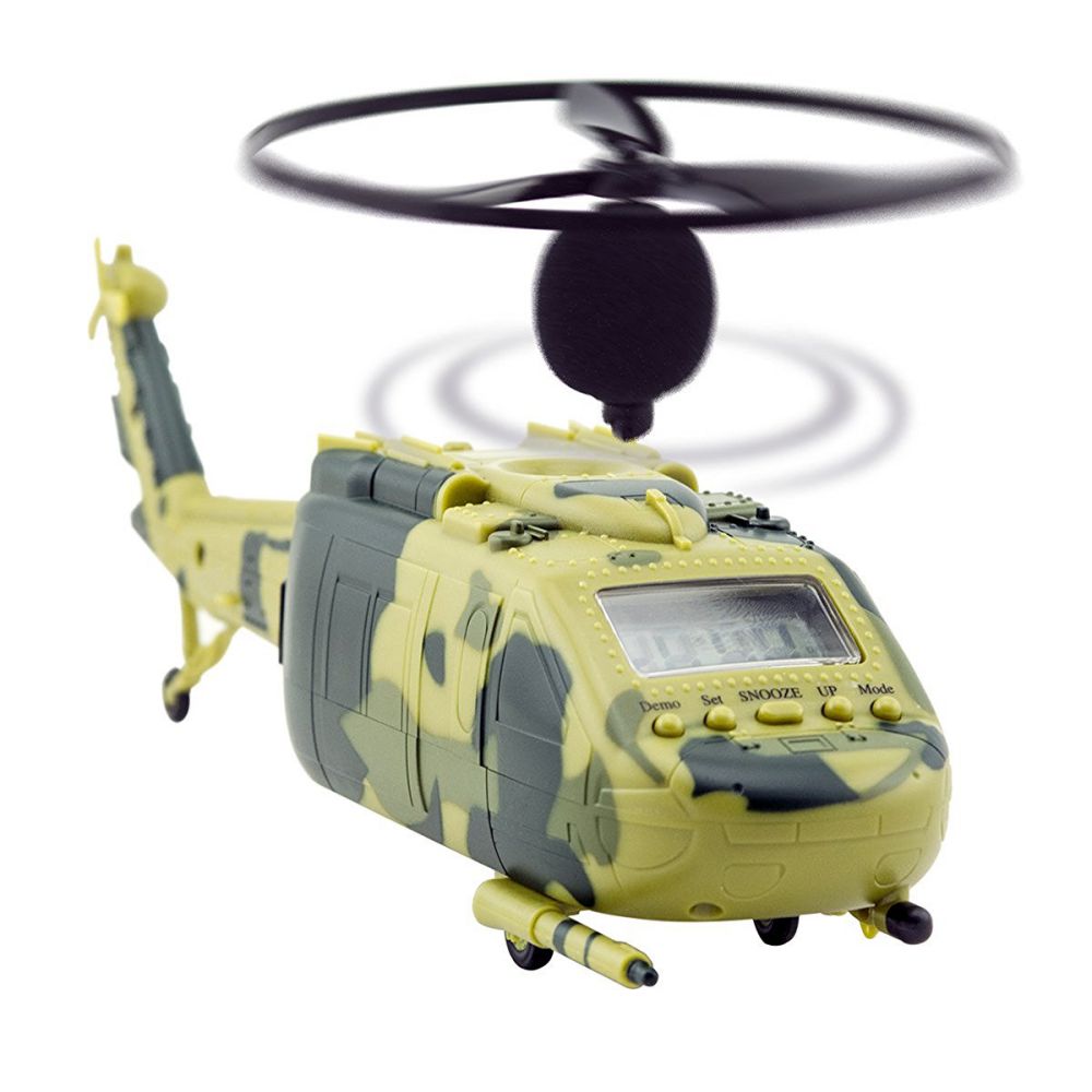 Joyart Unique Helicopter Alarm Clock Camouflage Color with Flying Propeller Blade Aircraft Taking Off and Landing Sound Battery or Wall Outlet Power for Heavy Sleep People