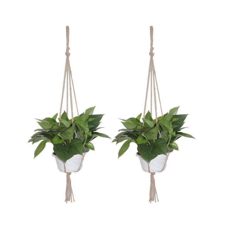 LJY 2-Pack Plant Hanger Macrame Jute 4-Leg without Hoop for Indoor Outdoor Balcony Ceiling Patio Deck Round & Square Pots (Total Length 95cm / 37.4in)
