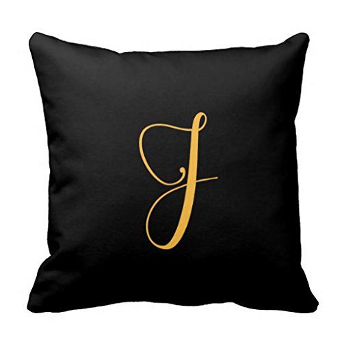 Monogram J Gold Colored Script On Black Throw Pillow Case