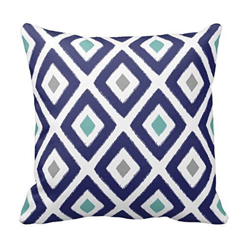 Navy Blue Aqua and Grey Diamond Pattern Design Decorative Throw Pillow Case Cover Square 18 X 18 Inch Two Sides