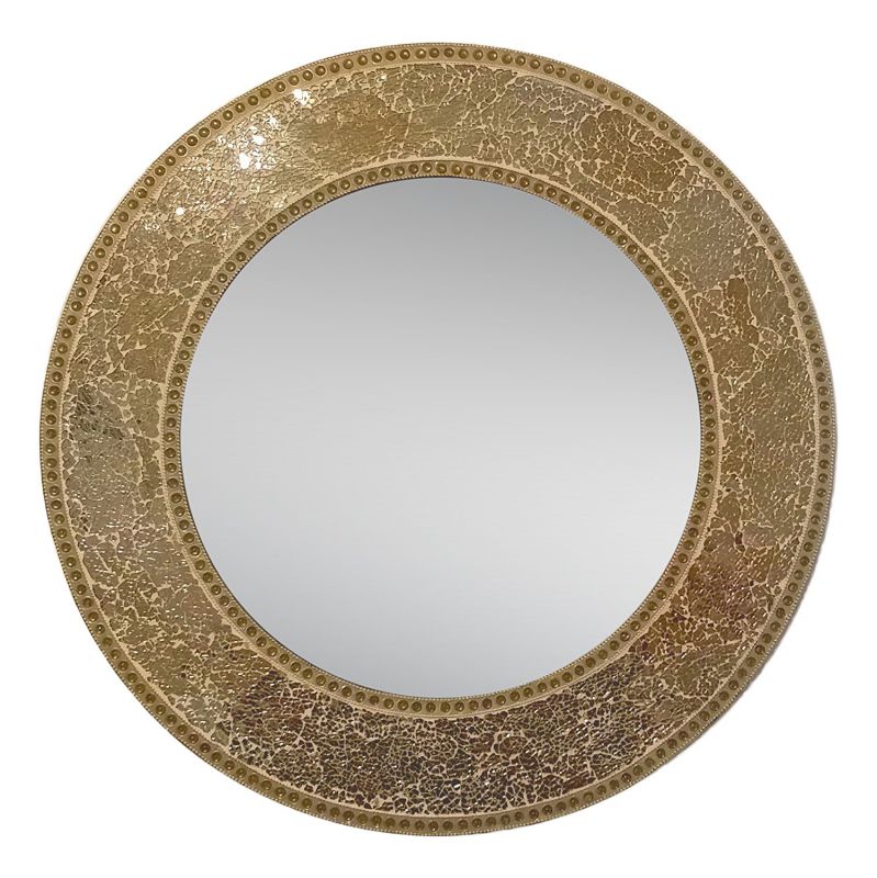 24" Gold, Round Wall Mirror, Crackled Glass Mosaic, Decorative Design by DecorShore