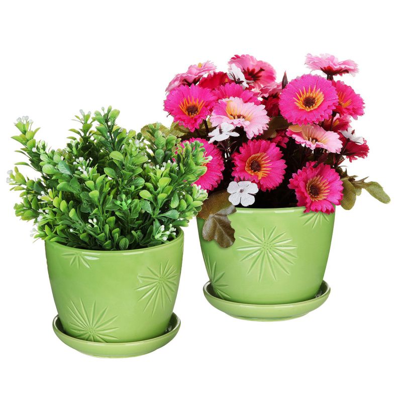 Set of 2 Decorative Green Daisy Burst Design Ceramic Plant Flower Planter Pots w/ Attached Saucers