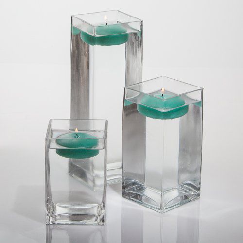Set of 3 Eastland Square Vases and 3 Richland Floating Candles 3" (Aqua Green)