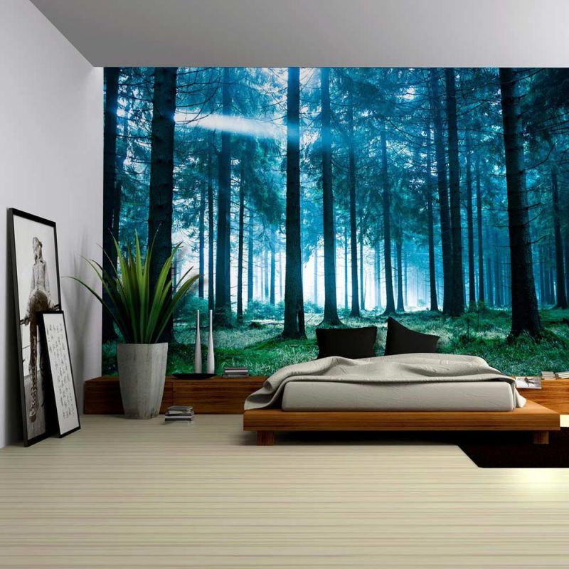 Wall26® - Blue Misted Forest with the Sun Peaking Through - Wall Mural, Removable Sticker, Home Decor - 100x144 inches