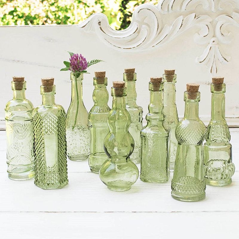 Vintage Glass Bottles with Corks, Bud Vases, Assorted Shapes, 5 Inch Tall, Mini Vases, Set of 10 Bottles, (Green)