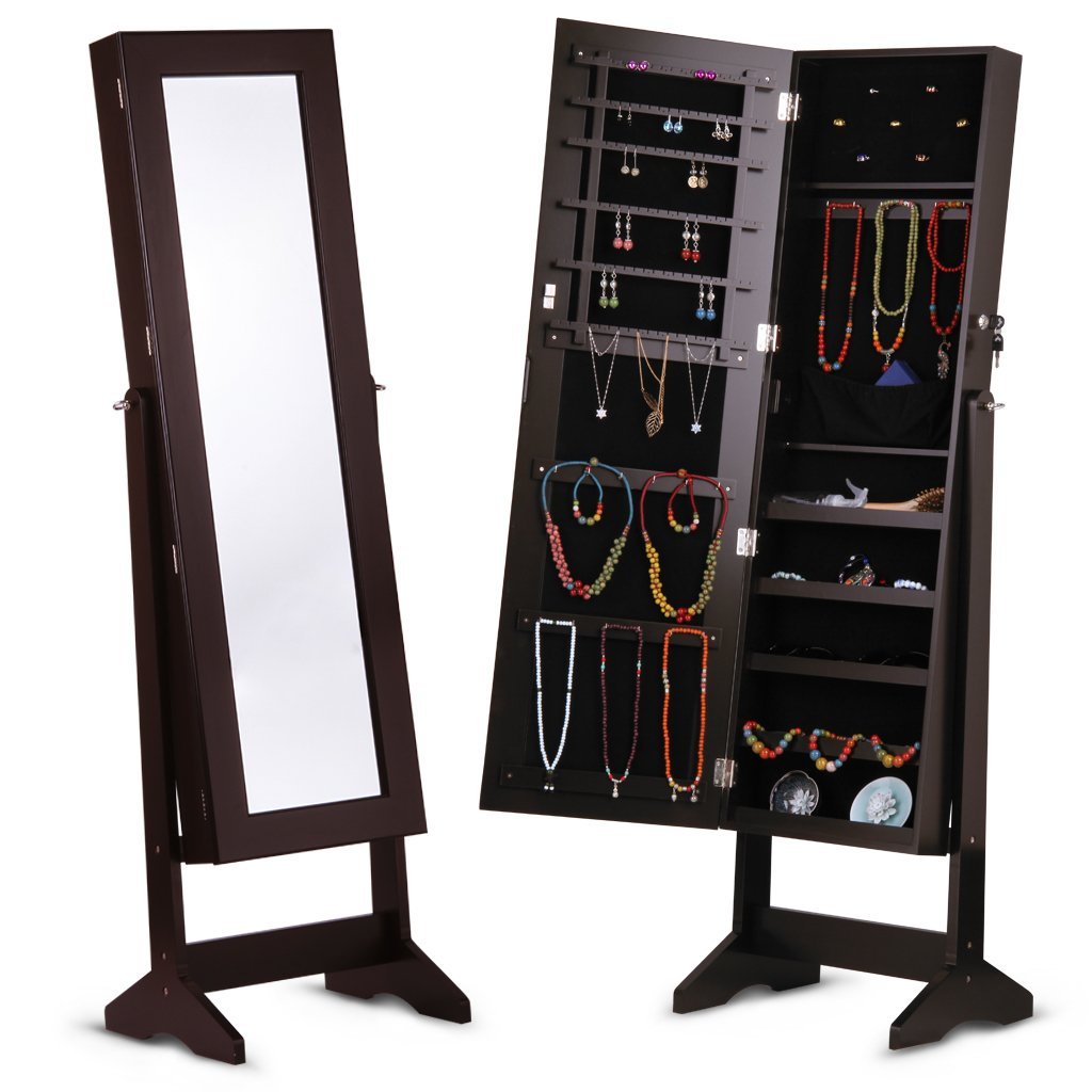 LANGRIA Lockable Jewelry Cabinet Armoire Mirrored Jewlery Holder Organizer Storage, 4 Angle Adjustable, Brown