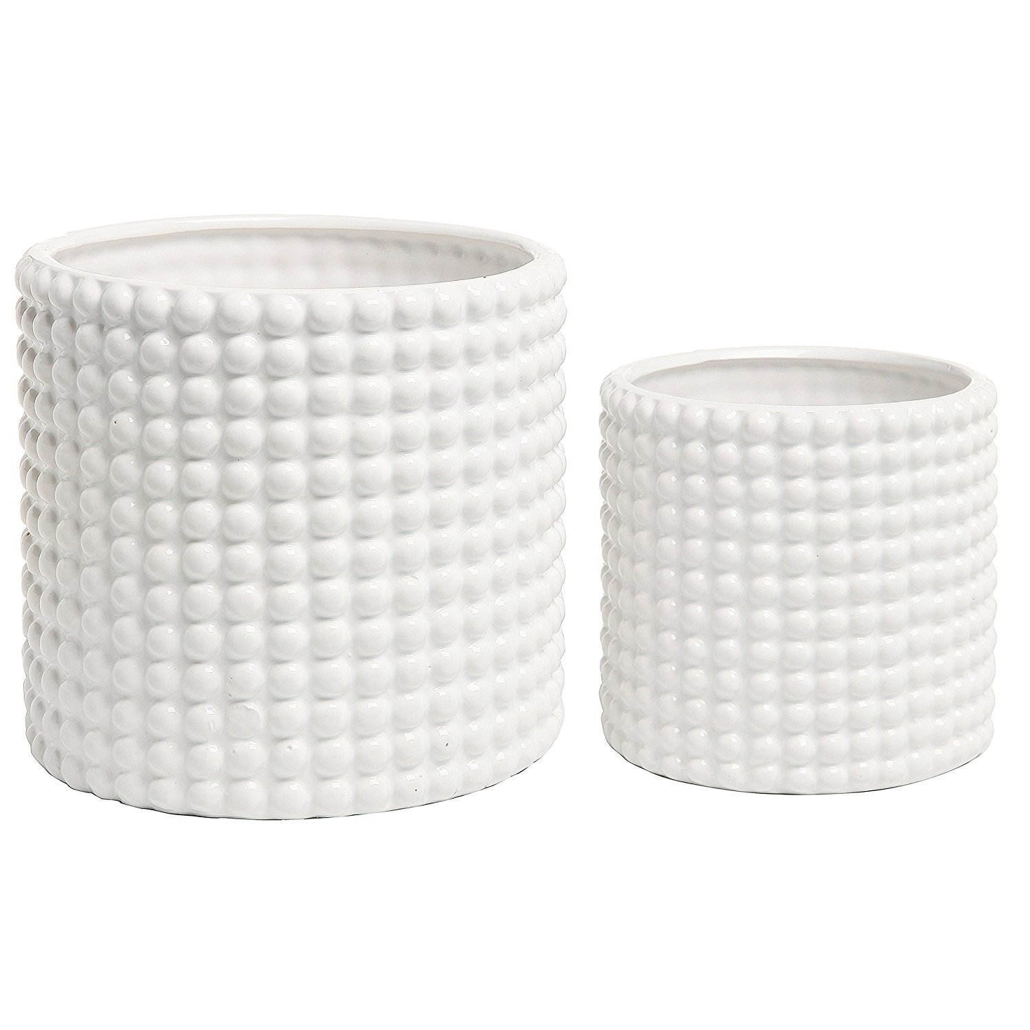 (Set of 2) White Ceramic Vintage-Style Hobnail Textured Flower Planter Pots / Storage Jars