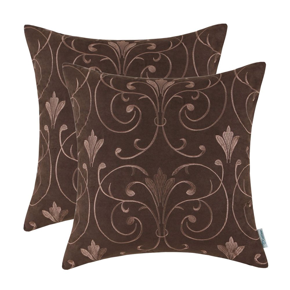 CaliTime Throw Pillows Covers 18 X 18 Inches, Soft Faux Suede Embroidered, Scrolled Floral, Dark Brown, Pack of 2