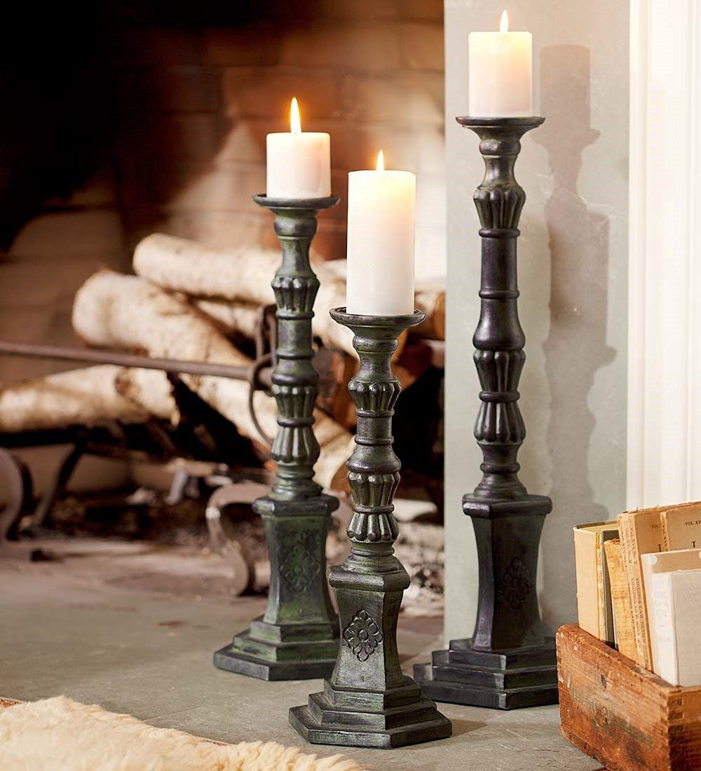 Carved Wood Candle Pillars, Set of 3