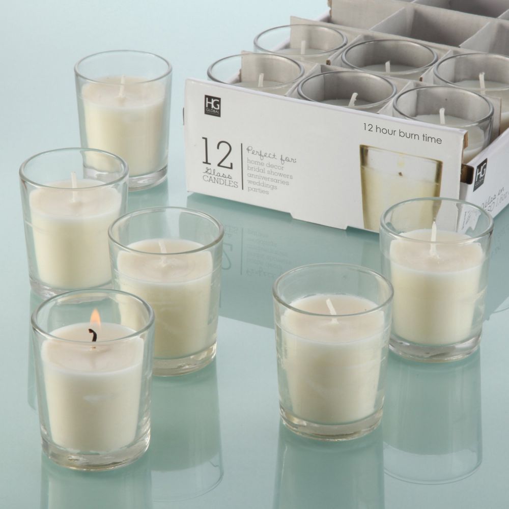 HOSLEY'S Set of 48 Unscented Glass Filled Votive Candles - 12 Hour Burn Time