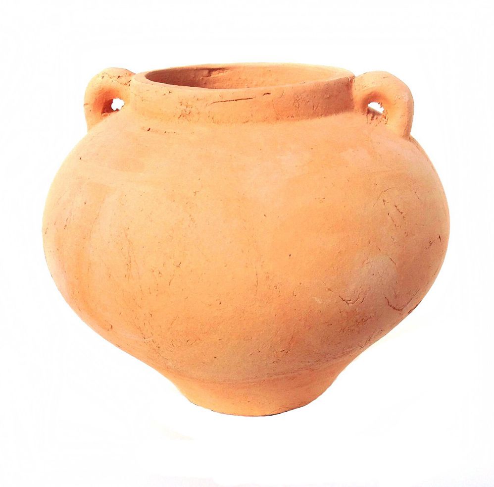 Newly Designed Heavy Hand Pressed Ancient Stressed Terra Cotta Round Flower Pot or Planter with Loop Handles Forming a Water Jug Weighs 5.95 pounds