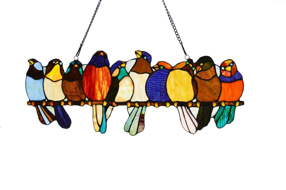 River of Goods 9.25" H Tiffany Style Stained Glass Birds on a Wire Window Panel