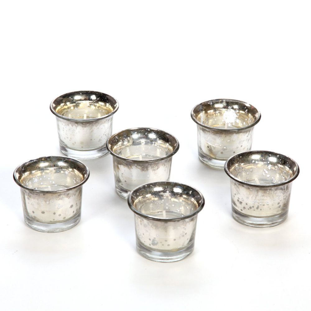 Set of 6 Hosley Metallic Silver Glass Candle/Tealight Holder with Free 6 Tealights