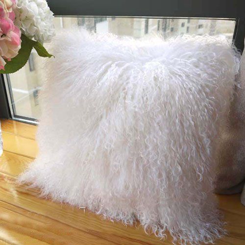 100% Tibetan Mongolian Lamb Sheepskin Wool Fur Leather Pillowcase Cushion Cover 20x20 Inch (Ivory White) by ROSE FEATHER