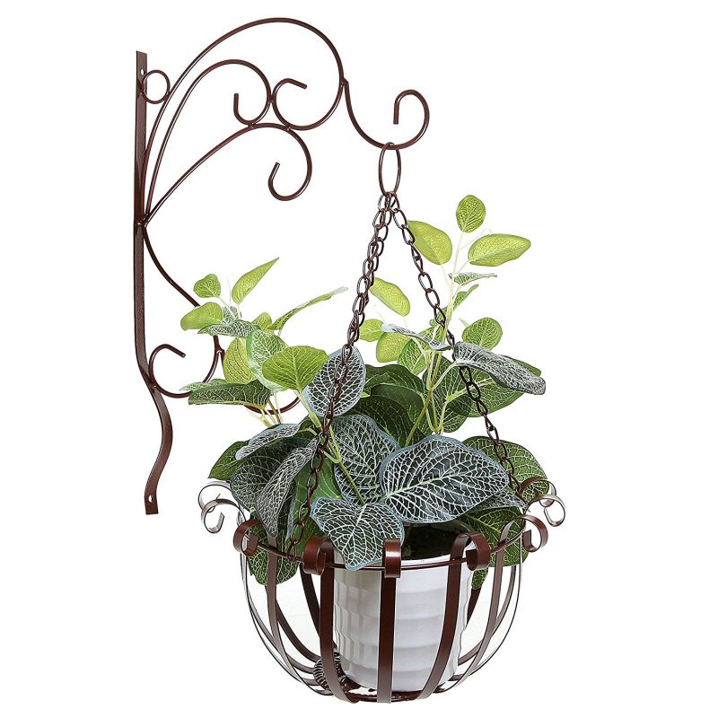 Brown Indoor Outdoor Garden Metal Flower Planter Hanging Basket w/ Wall Mounted Scrollwork Design Hooks