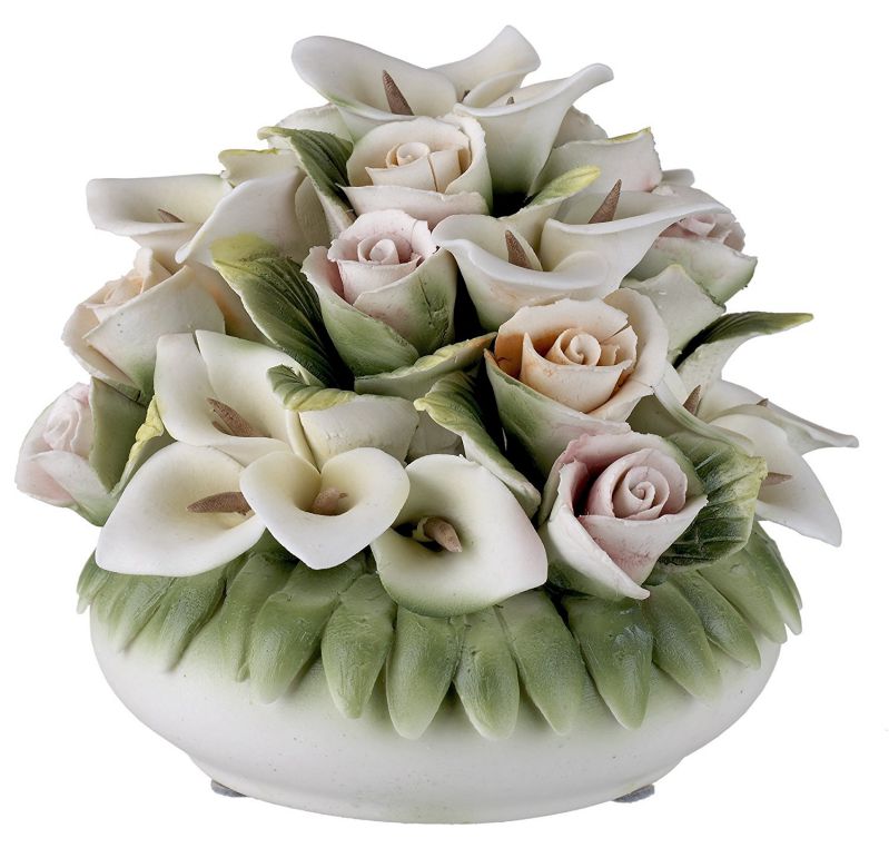 Capodimonte Porcelain Figurine Floral Basket with Colorful Roses and Lilles
