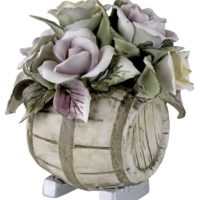 Capodimonte Porcelain Figurine Flower Bouquet on Wine Barrel with Colorful Roses