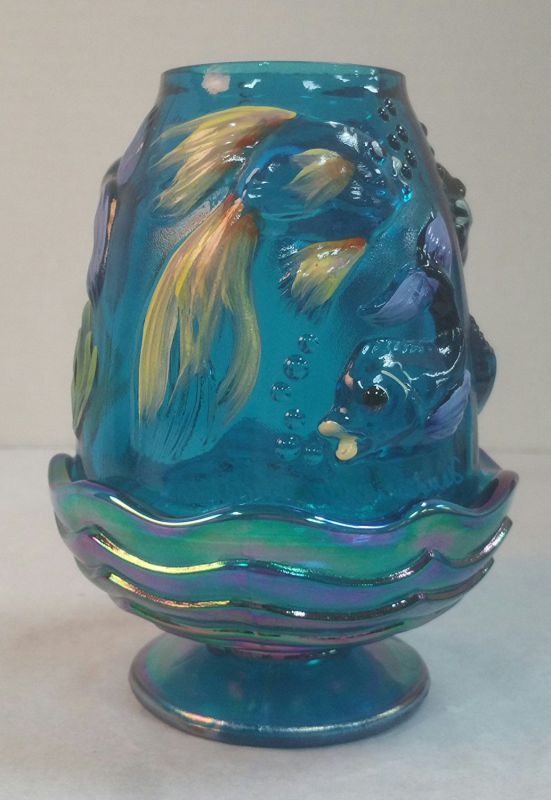 Fenton Glass Atlantis Series Fairy Lamp, Aqua Blue With Carnival Finish, Hand Painted