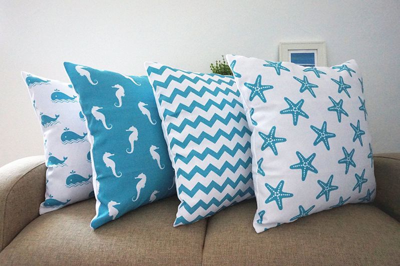 Howarmer Cotton Canvas Aqua Blue Decorative Pillows Cover, Set of 4, Beach Theme ( Chevron, Whales, Sea Horse, Sea Stars )