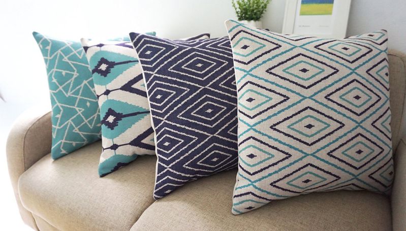 Howarmer® Square Cotton Linen Teal and Turquoise Decorative Throw Pillow Cover Set of 4 Blue Geometric 18"x 18"