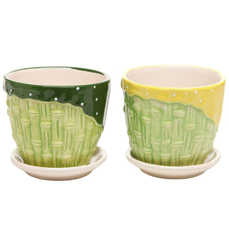 MyGift® Bamboo Garden Series Ceramic Flower Pot Planter w/ Attached Saucer - Set of 2 - Green & Yellow