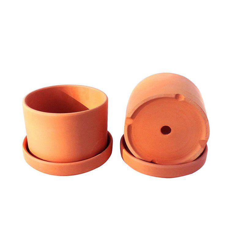 Set of 2 Natural Terra Cotta Round Fat Walled Garden Planters with Individual Trays. Indoor or Outdoor Use