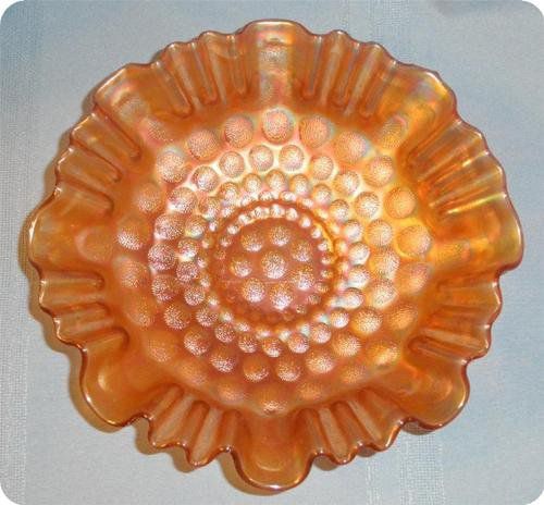 Vintage Fenton Coin Dot Variant 9" Marigold Carnival Glass Crimped Edge Bowl