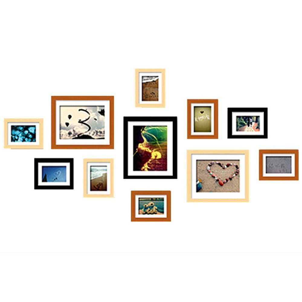 WOOD MEETS COLOR Wall Photo Frames, A set of 11 Picture Frames Including White Picture Mats and Installation Instruction, ESSENTIAL for every home (Original & Orange & Black)