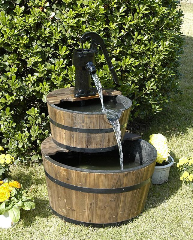Wood Barrel with Pump Outdoor Water Fountain - Large Garden Water Fountain Product SKU: PL50001