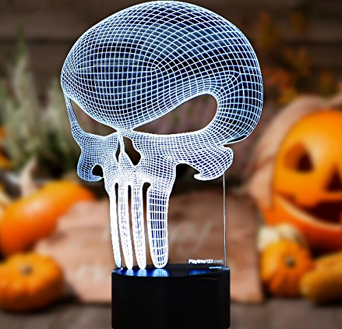 3D Punisher Skull Lighting by Playtime 123 is a Great Nightlight with a Soft Glow for Kids. These Lights Make Beautiful Gifts and Amazing Desk Lamps for Dad. Start enjoying your own 3d Light Today!