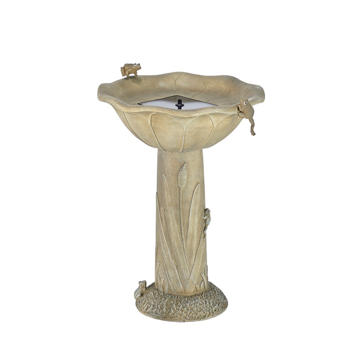 Smart Solar 20633R01 Acadia Solar Birdbath, Olive Green Finish With Relief Of Cat Tails And Frogs Playfully Climbing The Pedestal, Requires No Wiring or Operating Costs